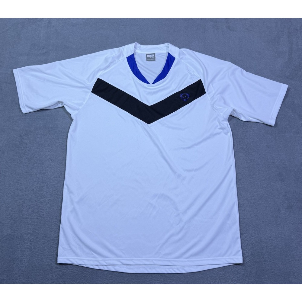 VINTAGE Nike Soccer Jersey Mens XL Y2K White Blue Black Swoosh Football Shirt